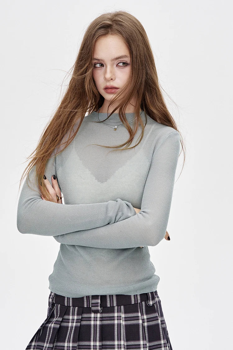 2025 Autumn New Arrivals Casual Soft Solid Color Sheer Knit Top Layering Base Shirt For Woman