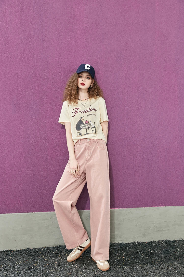Vintage Cartoon Print Short Sleeve T-Shirt, Preppy Style Graphic White Tee, Loose Crewneck Top for Women's Daily Outfit
