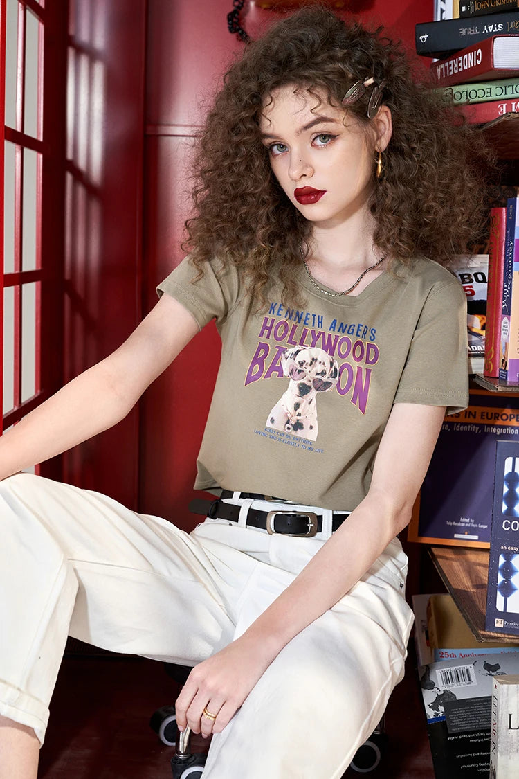 Vintage T-Shirt with Retro Puppy Print, Casual Crewneck Versatile Tee, Cute Slim Fit Crop Top for Women's Summer Outfit