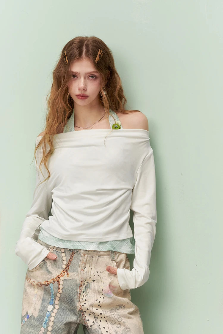 Elegant Halter Neck Long Sleeve T-Shirt with Draped Cowl, Slim Fit Ribbed Knit Tee, Cute Dailywear Tops for Women