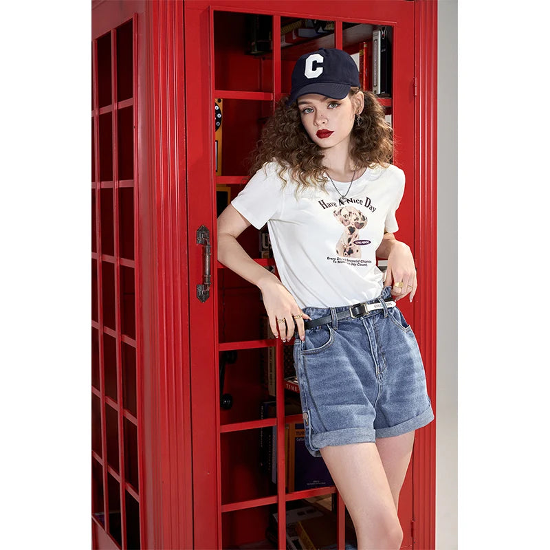 Vintage T-Shirt with Retro Puppy Print, Casual Crewneck Versatile Tee, Cute Slim Fit Crop Top for Women's Summer Outfit