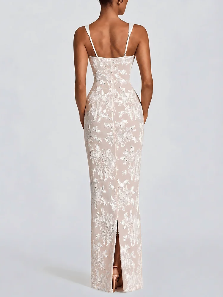 Square Neck Spaghetti Strap Sexy Maxi Dress Women Lace Mesh Striped Bodycon Elegant Wedding Guest Evening Party Dresses