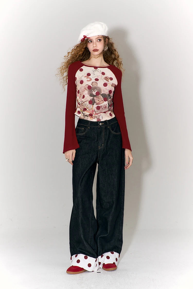 Vintage Sleeve T-Shirt with Polka Dot & Bear Print, Trendy Cartoon Print Top for Women & Girls