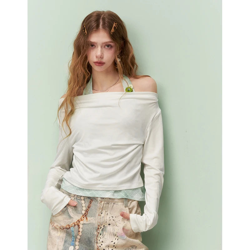 Elegant Halter Neck Long Sleeve T-Shirt with Draped Cowl, Slim Fit Ribbed Knit Tee, Cute Dailywear Tops for Women
