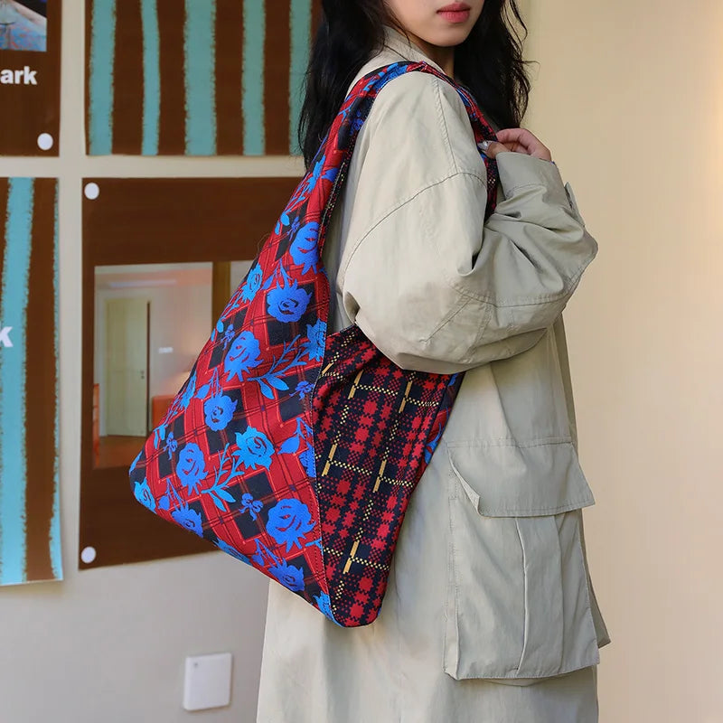 2025 Winter New Arrivals Y2K Vintage Casual Stripe Fabric Bow Graphic Patchwork Tote Bag For Women