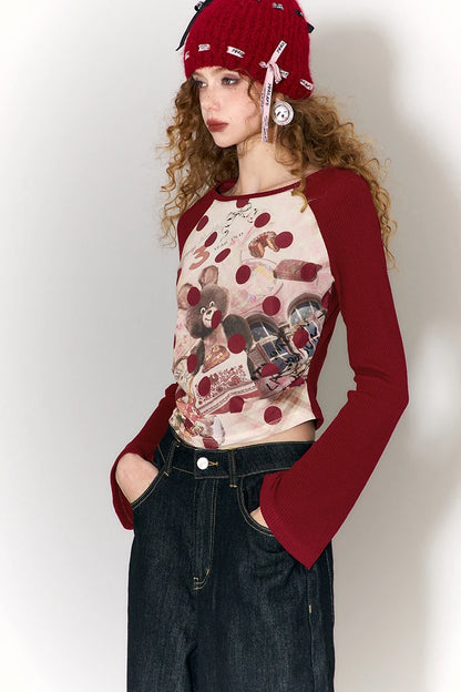 Vintage Sleeve T-Shirt with Polka Dot & Bear Print, Trendy Cartoon Print Top for Women & Girls