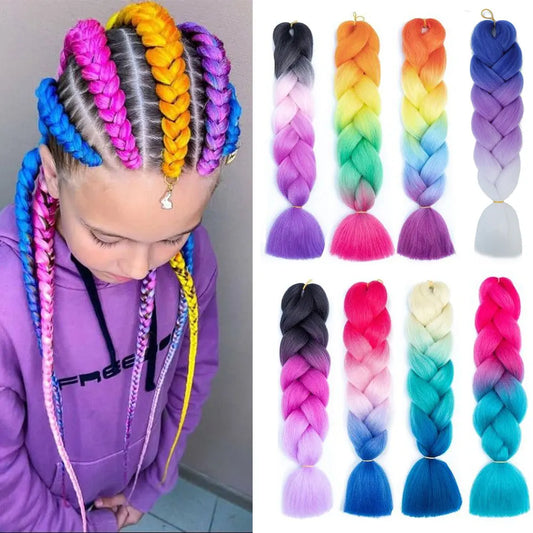 24 Inch Jumbo Box Braids Extensions Synthetic Braiding Hair DIY Hair Braids For Children Pink Purple Yellow Gray