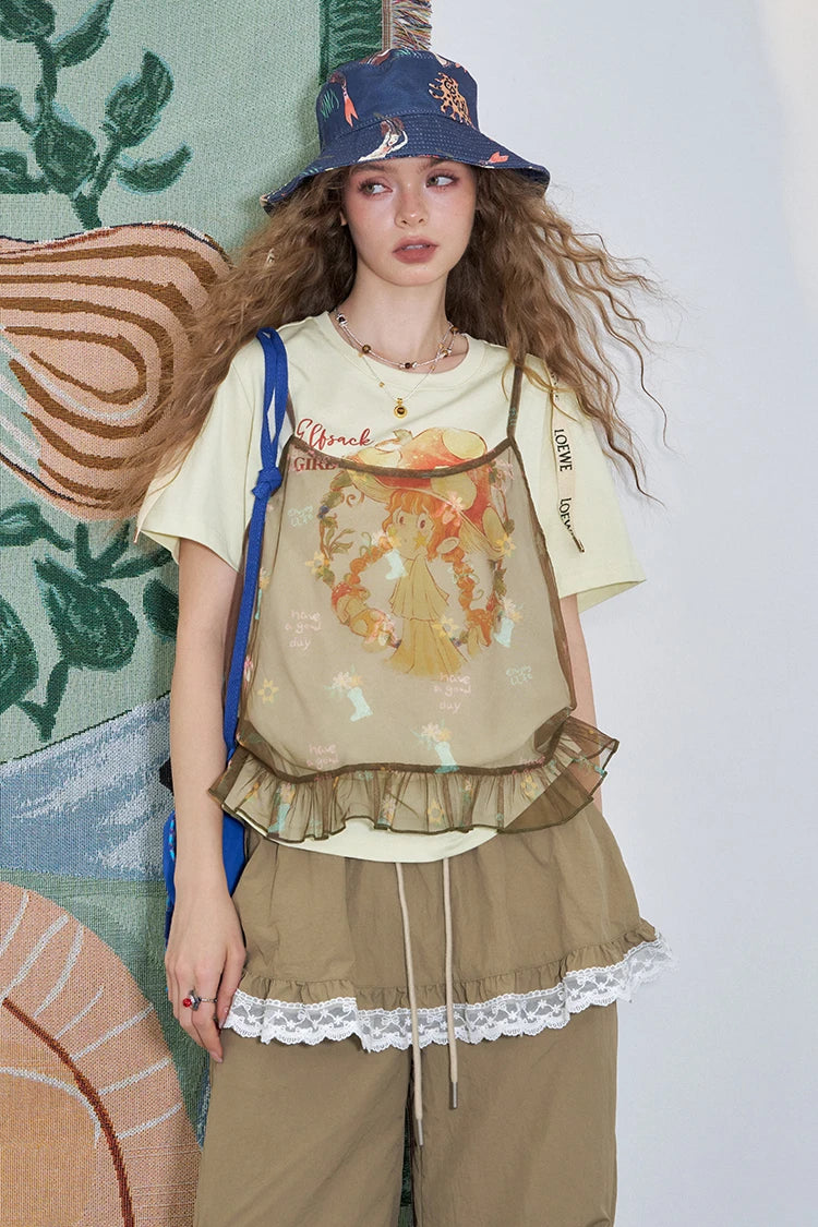 2025 Summer New Arrival Casual Cute design niche top Mesh halter print short sleeve two-piece t-shirt