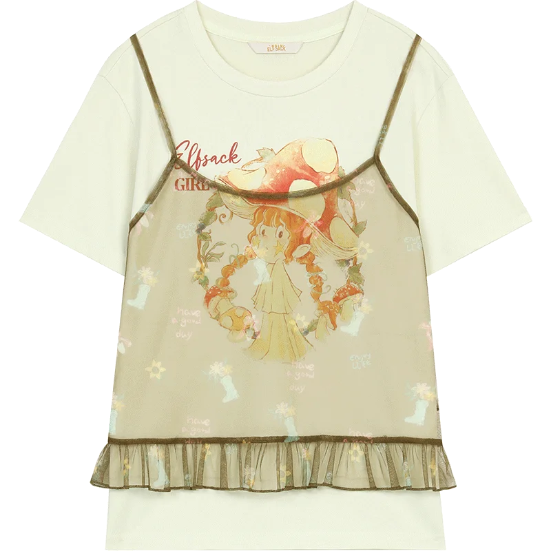 2025 Summer New Arrival Casual Cute design niche top Mesh halter print short sleeve two-piece t-shirt