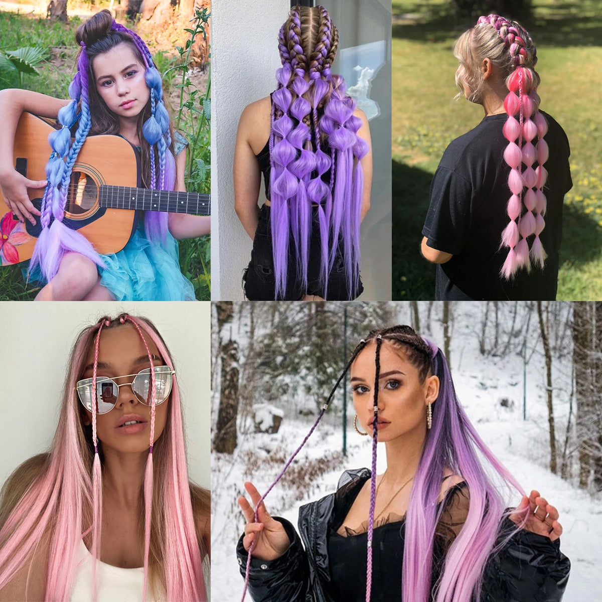 Synthetic DIY Braided Ponytail Extension With Elastic Rubber Band Pink Purple Blue Long Straight Pony Tail For Women Girls Party