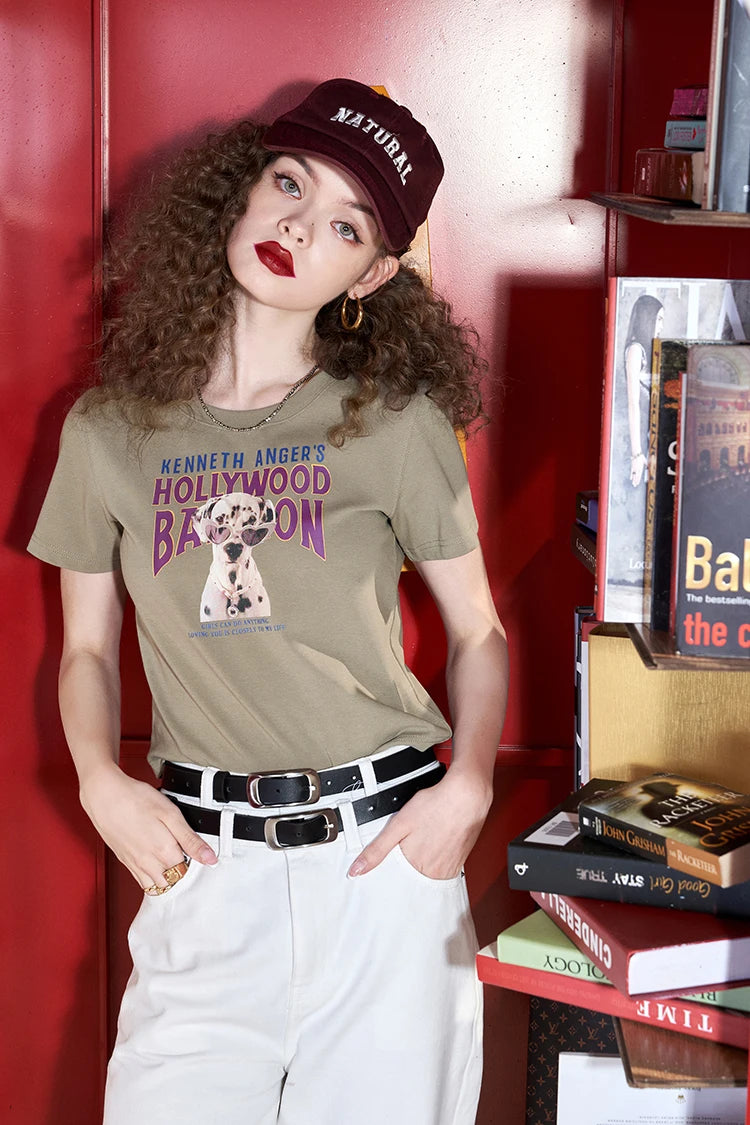 Vintage T-Shirt with Retro Puppy Print, Casual Crewneck Versatile Tee, Cute Slim Fit Crop Top for Women's Summer Outfit