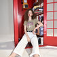 Vintage T-Shirt with Retro Puppy Print, Casual Crewneck Versatile Tee, Cute Slim Fit Crop Top for Women's Summer Outfit