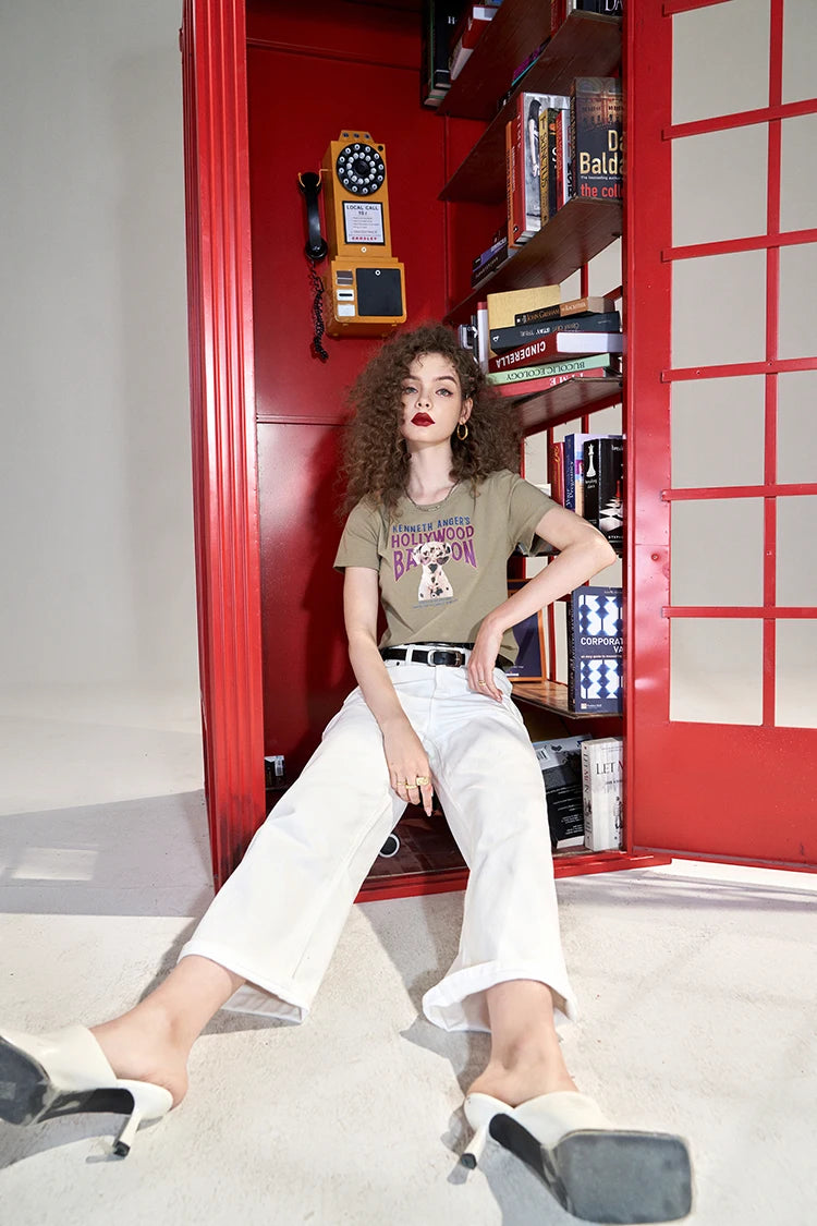 Vintage T-Shirt with Retro Puppy Print, Casual Crewneck Versatile Tee, Cute Slim Fit Crop Top for Women's Summer Outfit