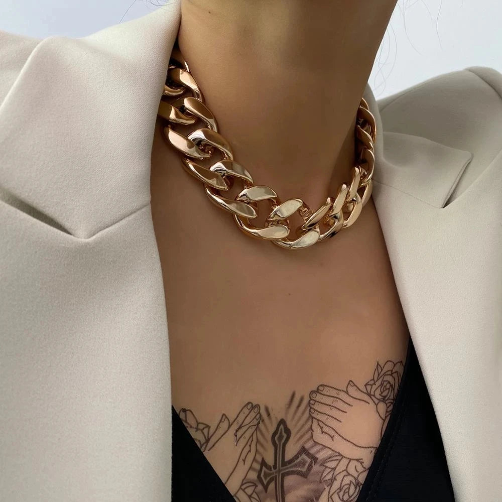 Punk Miami Cuban Choker Necklace Collar Statement Hip Hop Big Chunky Aluminum Gold Color Thick Chain Necklace Women Jewelry