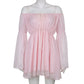 Womens Puff Sleeve Off Shoulder Dresses Lace Up Swing Dress Ruffle Mesh Party Mini Dress and Body Shaper Bustier Corset