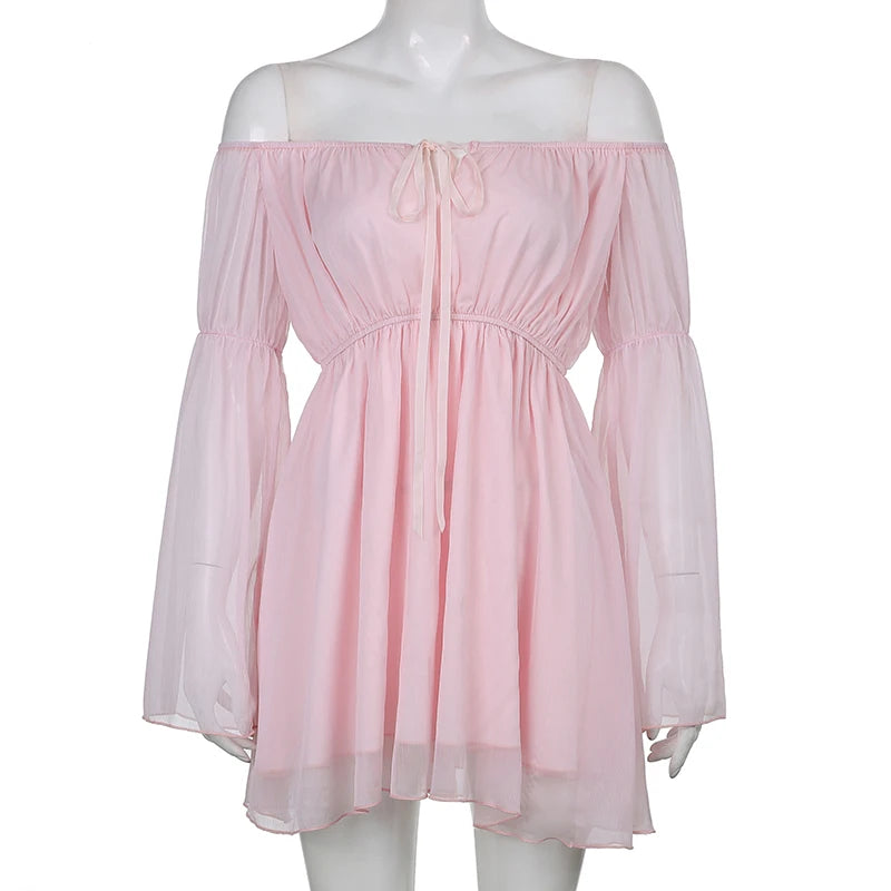 Womens Puff Sleeve Off Shoulder Dresses Lace Up Swing Dress Ruffle Mesh Party Mini Dress and Body Shaper Bustier Corset