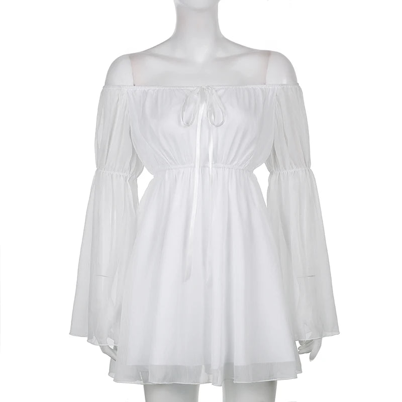 Womens Puff Sleeve Off Shoulder Dresses Lace Up Swing Dress Ruffle Mesh Party Mini Dress and Body Shaper Bustier Corset