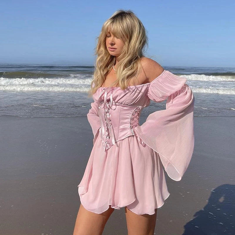Womens Puff Sleeve Off Shoulder Dresses Lace Up Swing Dress Ruffle Mesh Party Mini Dress and Body Shaper Bustier Corset