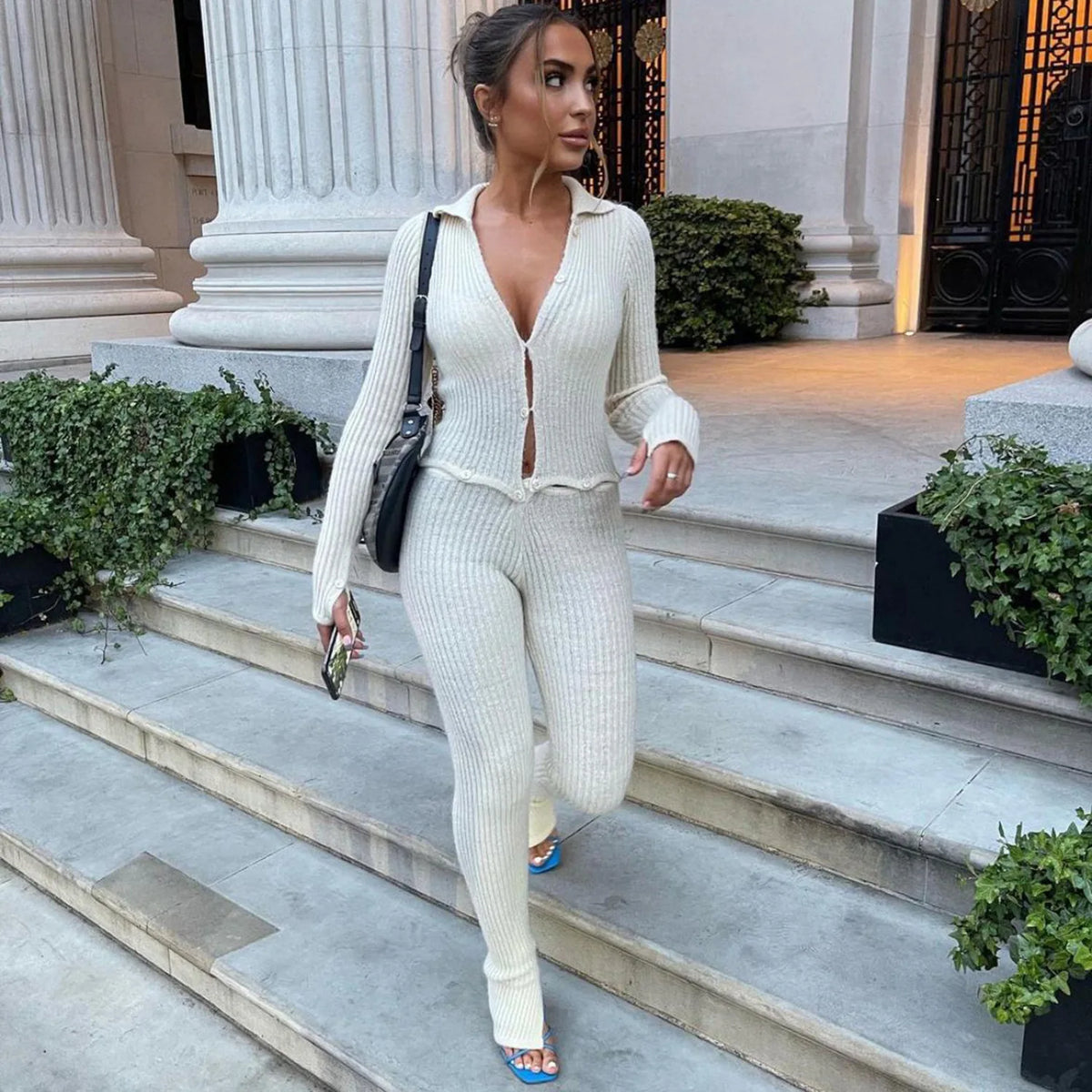 Button Ribbed Knitted Jumpsuit Two Piece Set Fall Winter Clothes Sexy White Long Sleeve Bodycon Jumpsuits