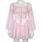 Womens Puff Sleeve Off Shoulder Dresses Lace Up Swing Dress Ruffle Mesh Party Mini Dress and Body Shaper Bustier Corset