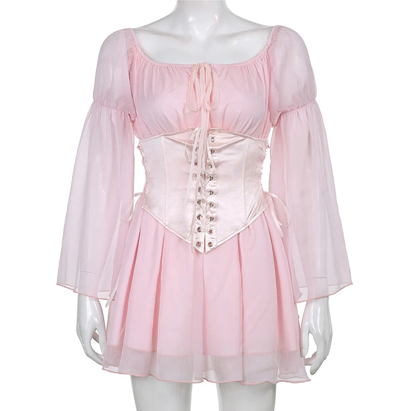Womens Puff Sleeve Off Shoulder Dresses Lace Up Swing Dress Ruffle Mesh Party Mini Dress and Body Shaper Bustier Corset