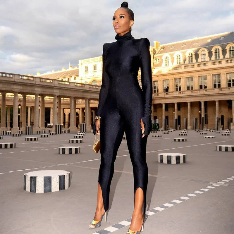 Shoulder Padded Turtleneck Bodysuit Long Sleeve Bodycon Tops Sexy Winter Clothes Women Club Wear Black Purple
