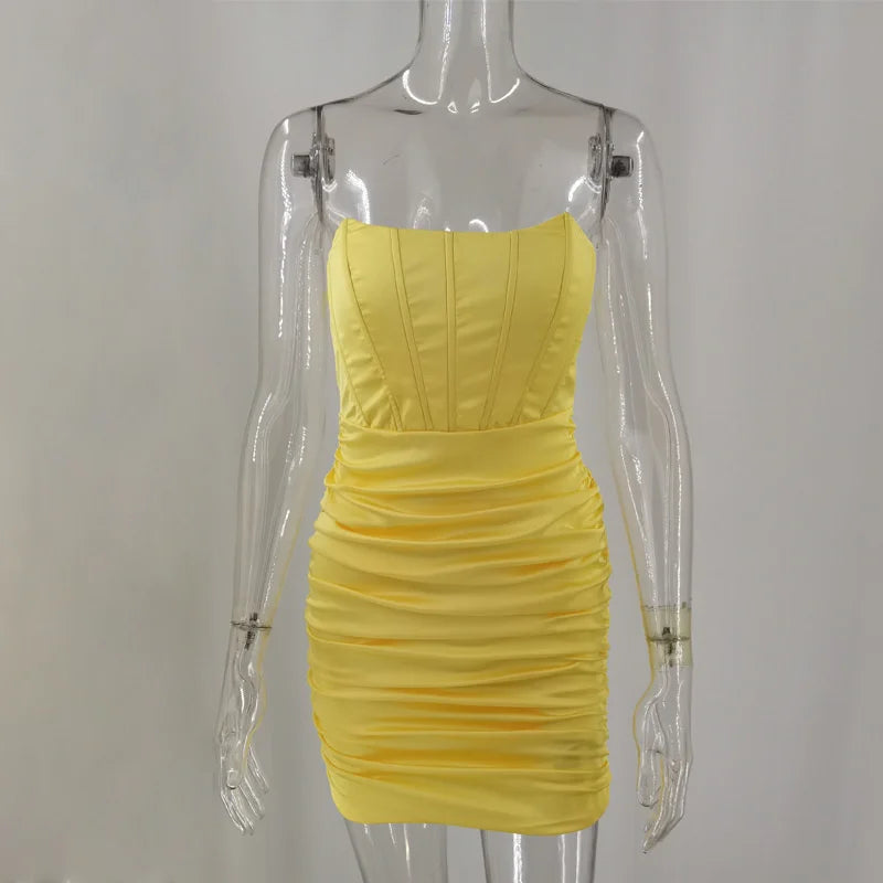 Mozision Satin Strapless Ruched Dress For Women Summer Off-shoulder Sleeveless Bodycon Party Clubwear Mini Dresses Vestidos