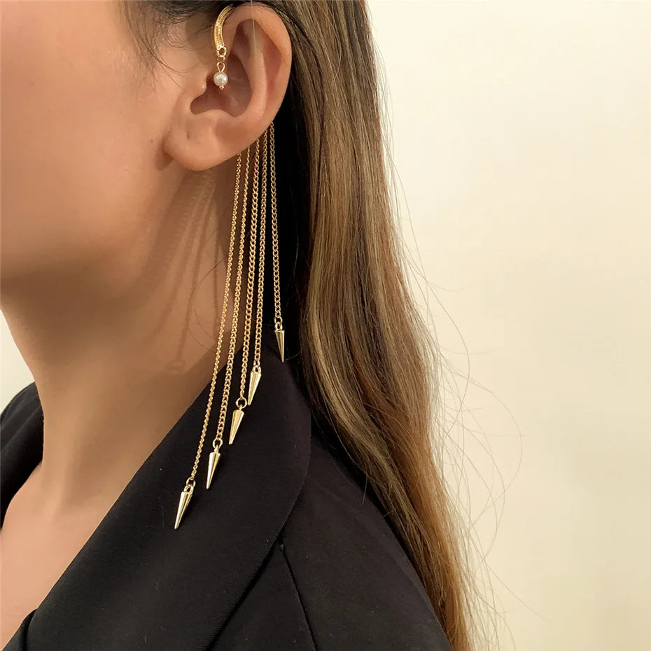 Long Tassel Geometric Imitation Pearl Chain Clip Earrings No Pierced Ear Cuff Cartilage Elegant Female Women Jewelry