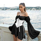 Womens Puff Sleeve Off Shoulder Dresses Lace Up Swing Dress Ruffle Mesh Party Mini Dress and Body Shaper Bustier Corset
