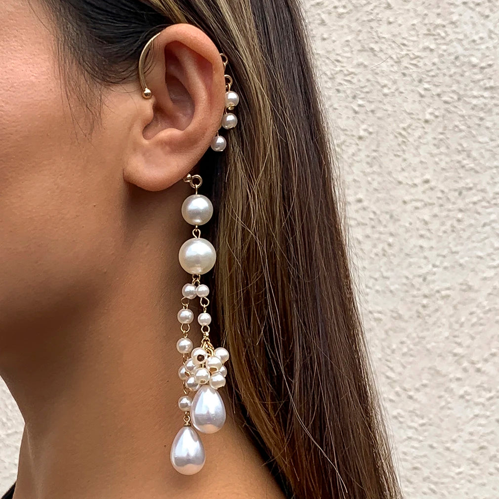 Long Tassel Geometric Imitation Pearl Chain Clip Earrings No Pierced Ear Cuff Cartilage Elegant Female Women Jewelry