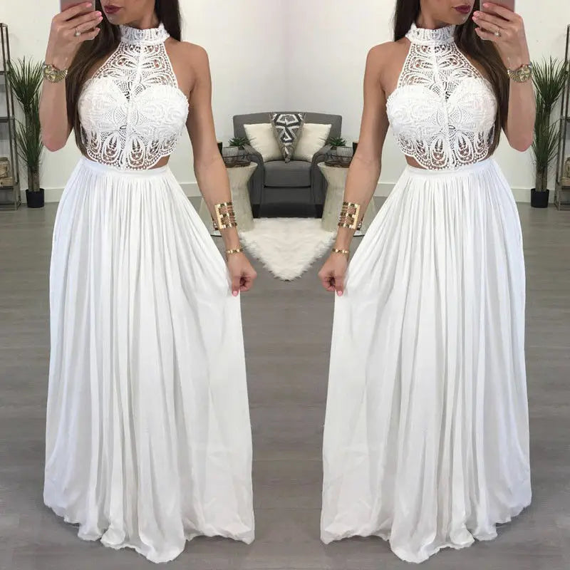 Fashion Lace Maxi Dress Ladies Backless Sexy Hollow Out Skinny Summer Boho Elegant Women Evening Party Halter Sleeveless Dress