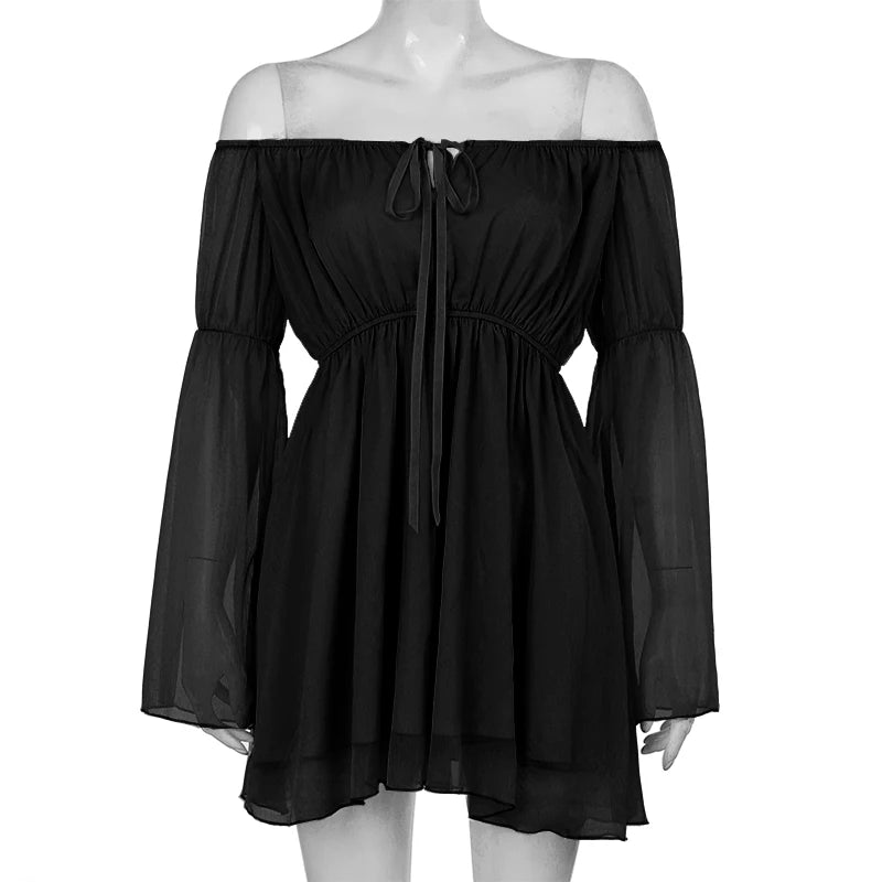Womens Puff Sleeve Off Shoulder Dresses Lace Up Swing Dress Ruffle Mesh Party Mini Dress and Body Shaper Bustier Corset