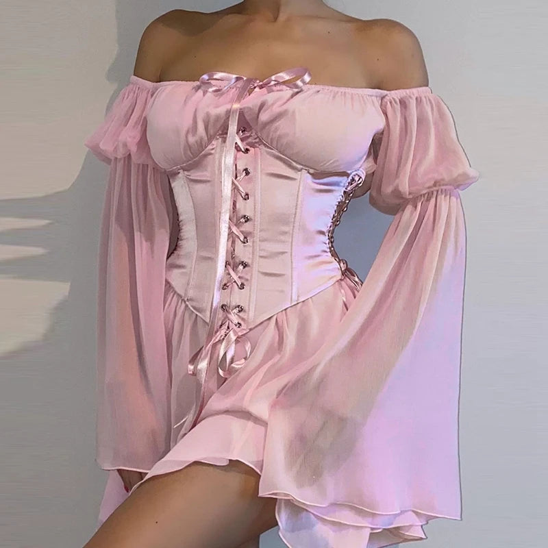 Womens Puff Sleeve Off Shoulder Dresses Lace Up Swing Dress Ruffle Mesh Party Mini Dress and Body Shaper Bustier Corset