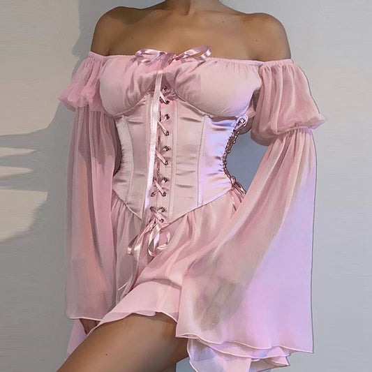 Womens Puff Sleeve Off Shoulder Dresses Lace Up Swing Dress Ruffle Mesh Party Mini Dress and Body Shaper Bustier Corset