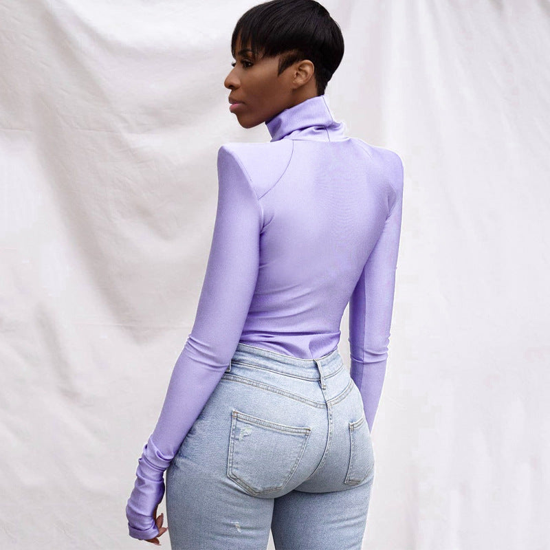 Shoulder Padded Turtleneck Bodysuit Long Sleeve Bodycon Tops Sexy Winter Clothes Women Club Wear Black Purple
