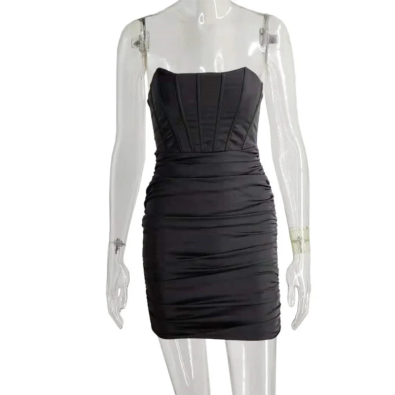 Mozision Satin Strapless Ruched Dress For Women Summer Off-shoulder Sleeveless Bodycon Party Clubwear Mini Dresses Vestidos
