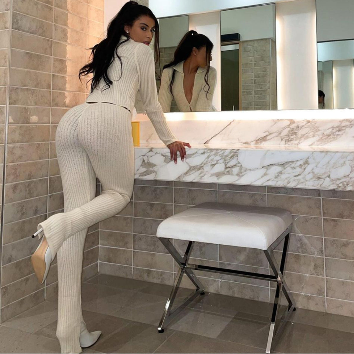 Button Ribbed Knitted Jumpsuit Two Piece Set Fall Winter Clothes Sexy White Long Sleeve Bodycon Jumpsuits