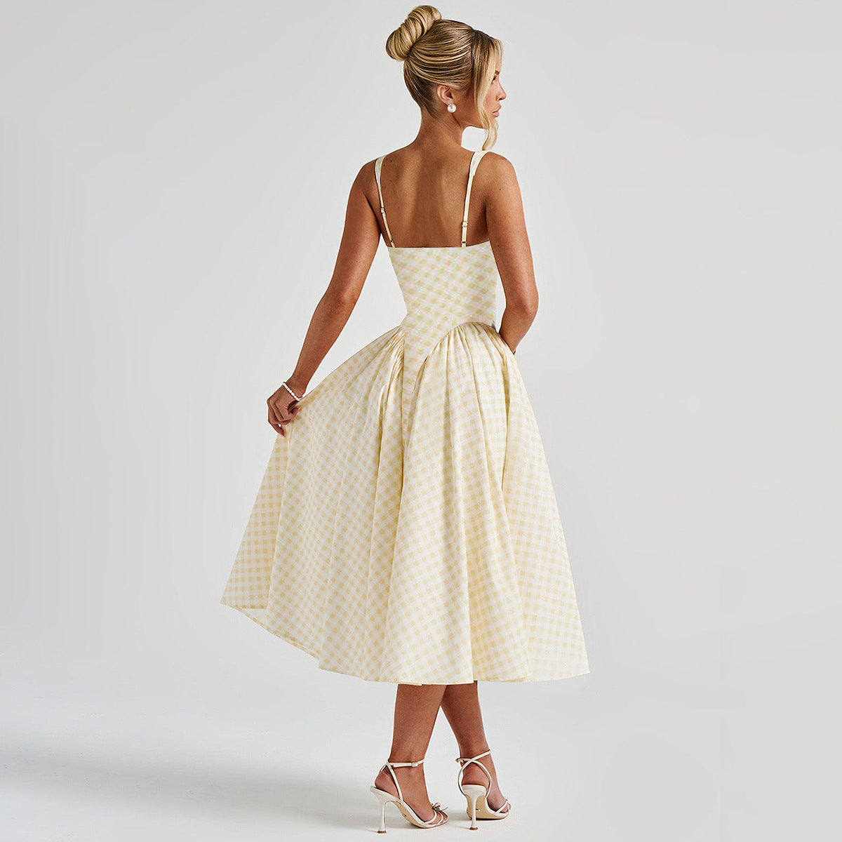 Square Neck Sleeveless Backless A-line Long Dresses Princess Style Pink Plaid Dress Summer Elegant