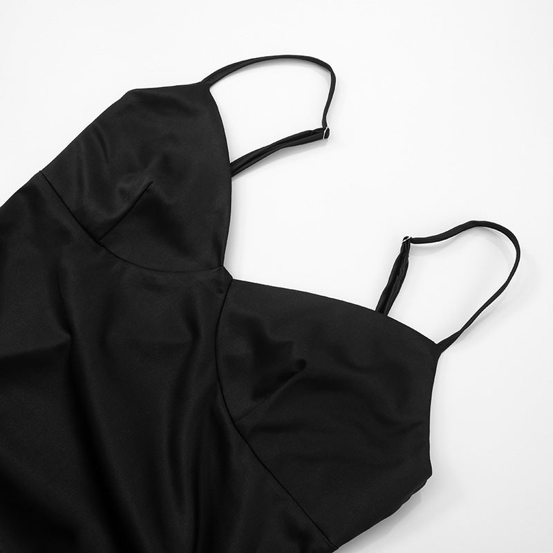 Drawstring Ruched Deep V Neck Backless Mini Dress Satin Black Sexy Summer Dresses for Woman Club Outfits