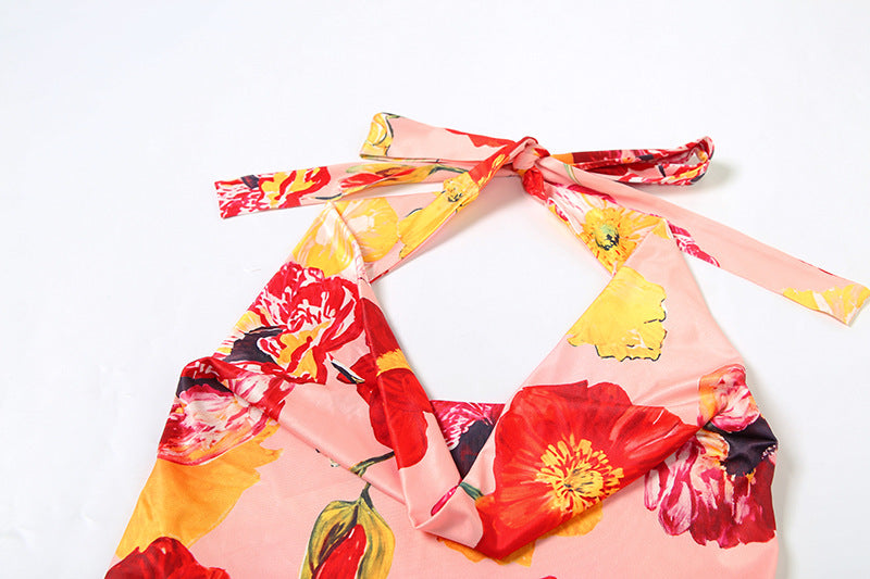 Flower Print Sexy 2 Piece Summer Sets High Split Long Skirt and Halter Top Coords Sets Woman Vacation Outfits