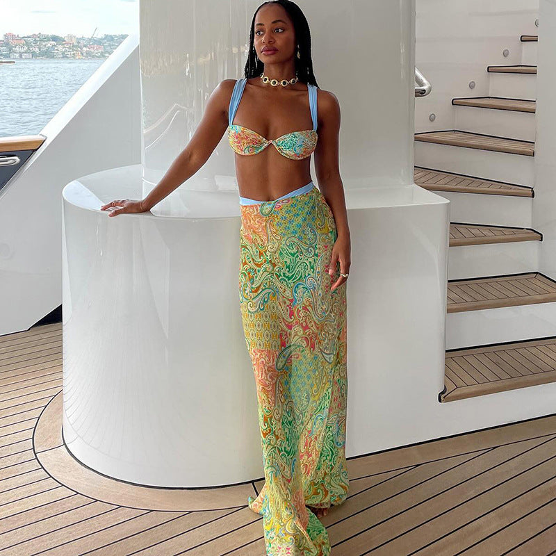 Paisley Print 3 Piece Bikinis Set with Long Skirt Sexy Summer Beach Vacation Outfits Woman Resort Wear