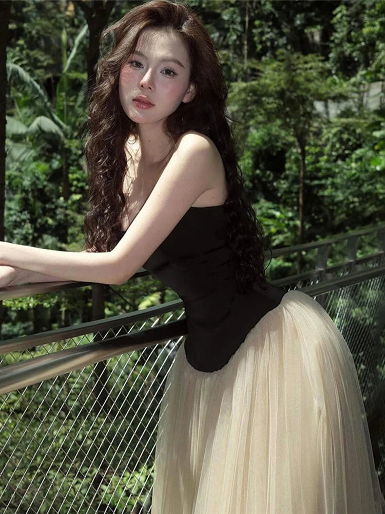 Patchwork Tierred Dress Women Sexy Strapless Mesh Elegant Princess Evening Birthday Party Simple Skinny Maxi Bodycon