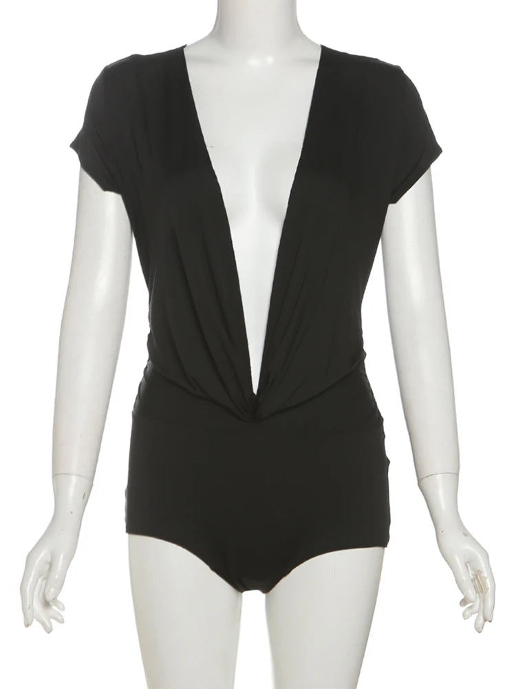 Sexy Coquette Romper Women Shorts Sleeve Deep V-Neck Patchwork Knot Ruched Sash Midnight Club Skinny Street Playsuits