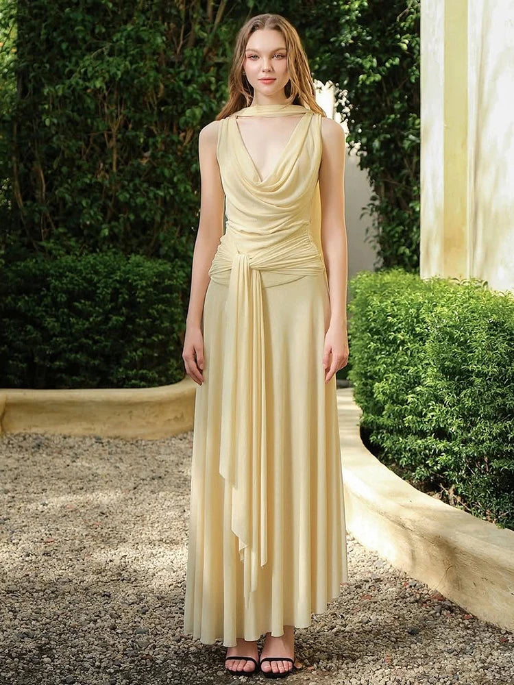 Bandage Tassel Dress Women Y2K Simple Swing Collar Sleeveless Irregular Hem Beach Party Elegant Banquet Chic Vestidos