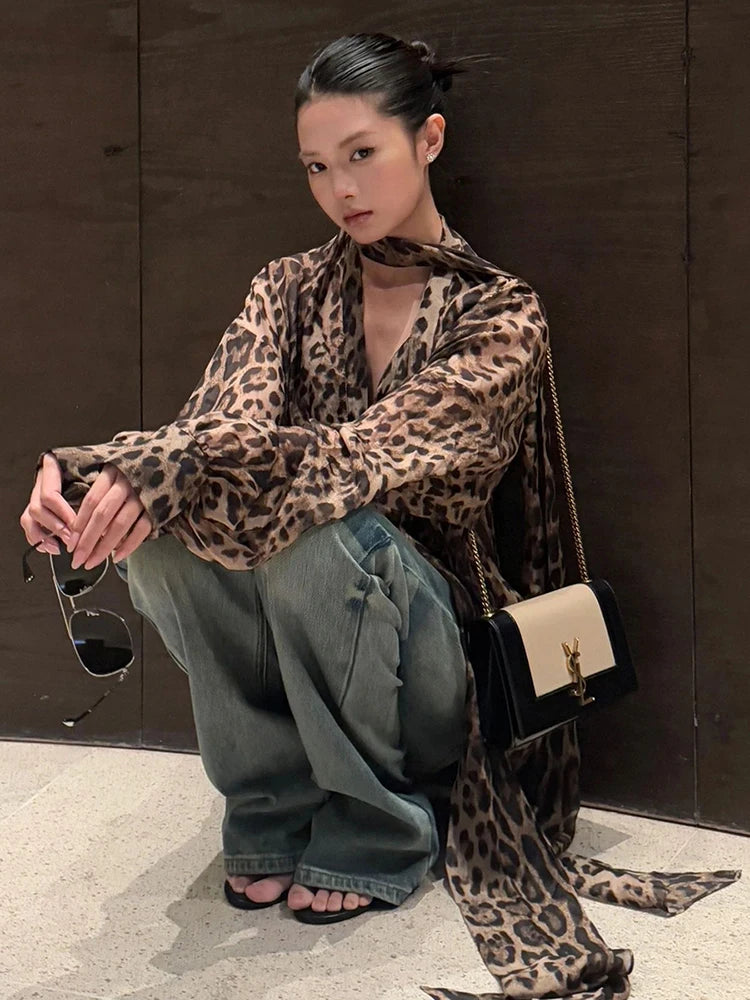 Sexy Leopard Chiffon Shirt Women Halter Ribbon Deep Neck Lace-Up Long Sleeve Elegant Commute Wild Midnight Clubwear