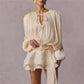 Elegant Womens Ruffle Mini Dress Long Lantern Sleeve Tie-up Front Solid Color Pleated Dress Short Flowy Dress Party Club
