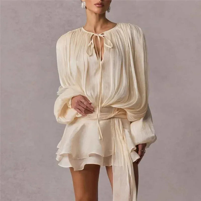 Elegant Womens Ruffle Mini Dress Long Lantern Sleeve Tie-up Front Solid Color Pleated Dress Short Flowy Dress Party Club