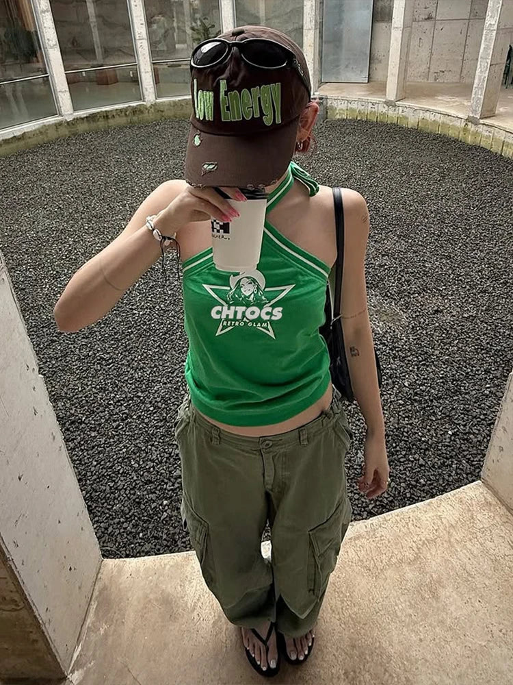 Sexy Halter Camisole Women Letter Star Print Lace-Up Backless Simple Wild Hottie Music Festival Slim Street Clubwear