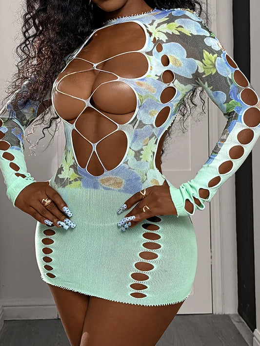 Sexy Mesh Hollow Dress Women Floral Frail Backless Colorful Chic Peach Hip Stretchy Skinny  Midnight Clubwear Bodycon