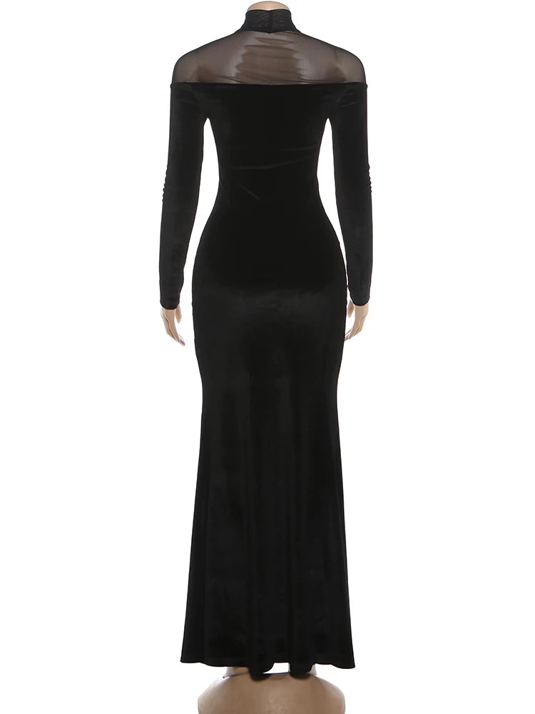 Full Sleeve Turtleneck Mesh Patchwork Long Dress Woman Elegant Velvet Slim High Waist Evening Prom Party Elegant Bodycon